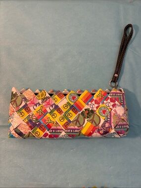 Nahui Ollin Multicolor Peace & Heart Woven Candywrapper Style Wristlet